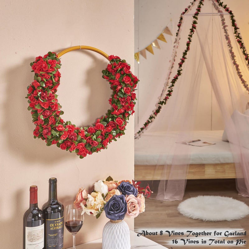 PONKING 8 Pcs x 8.2 ft Flower Garland Artificial Rose Vine Flowers with Green Leaves Hanging Fake Roses Vine for Room Party Home Wedding Birthday Christmas Wall Arch Decor, Spring Red Flower - Image 4